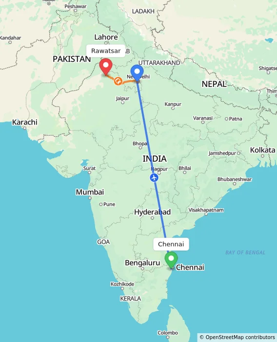 Route map showing distance and travel time from Chennai, India to Rawatsar, India