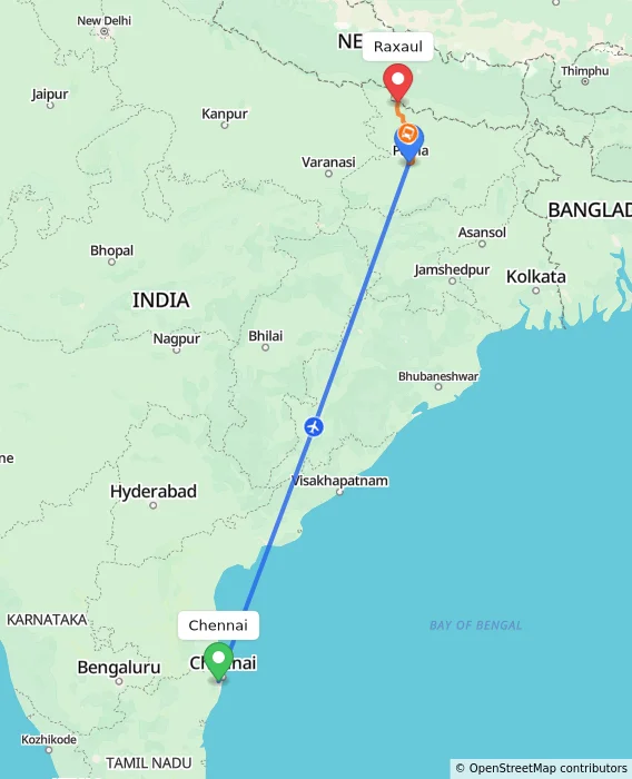 Route map showing distance and travel time from Chennai, India to Raxaul, India