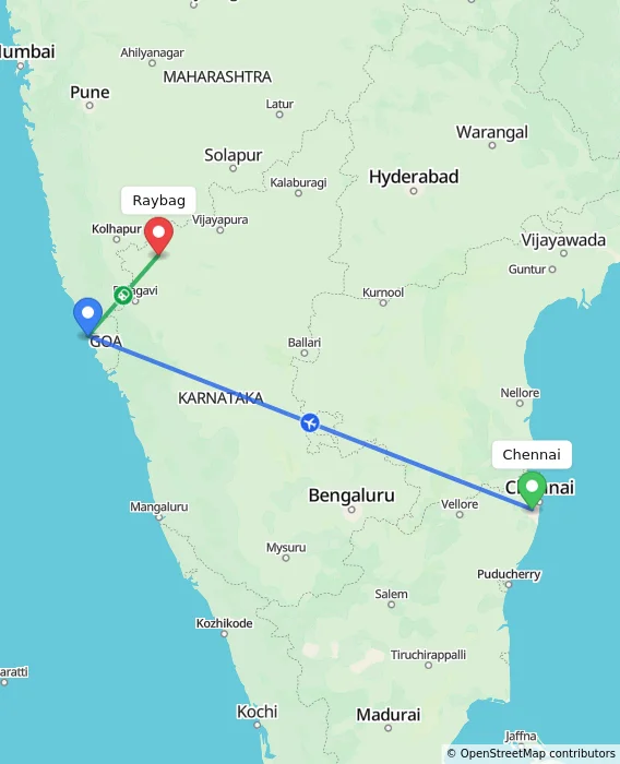 Route map showing distance and travel time from Chennai, India to Raybag, India