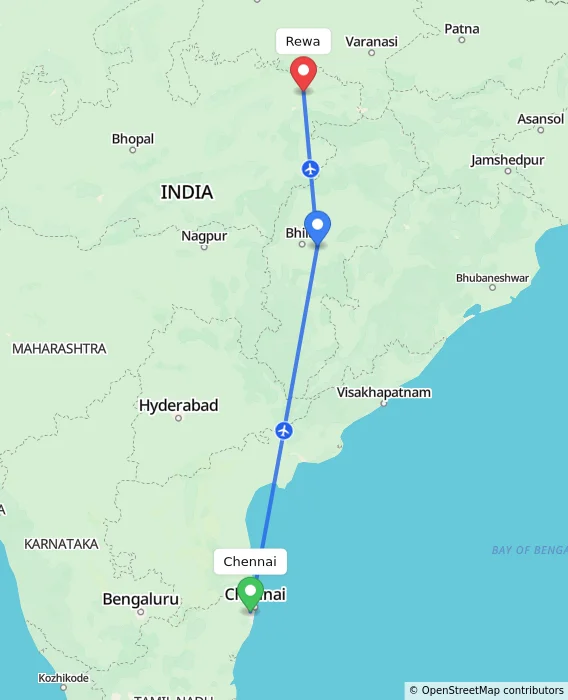 Route map showing distance and travel time from Chennai, India to Rewa, India
