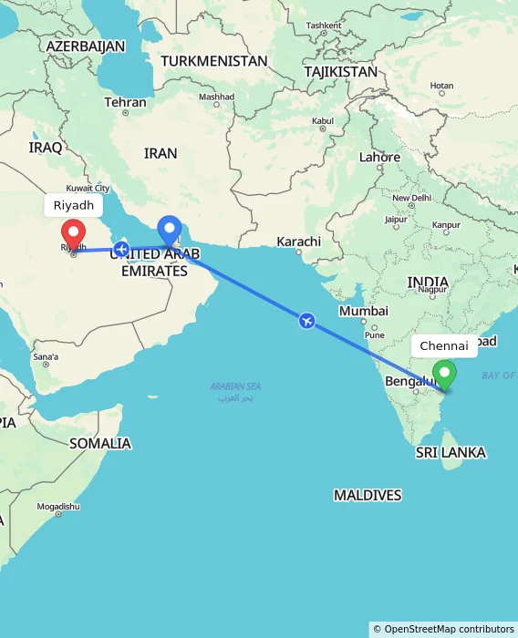 Route map showing distance and travel time from Chennai, India to Riyadh, Saudi Arabia