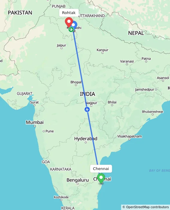 Route map showing distance and travel time from Chennai, India to Rohtak, India