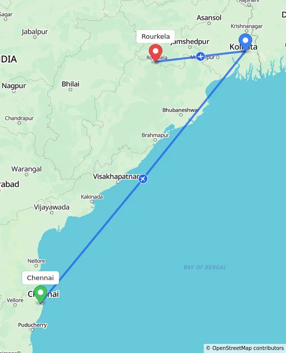 Route map showing distance and travel time from Chennai, India to Rourkela, India