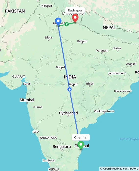 Route map showing distance and travel time from Chennai, India to Rudrapur, India
