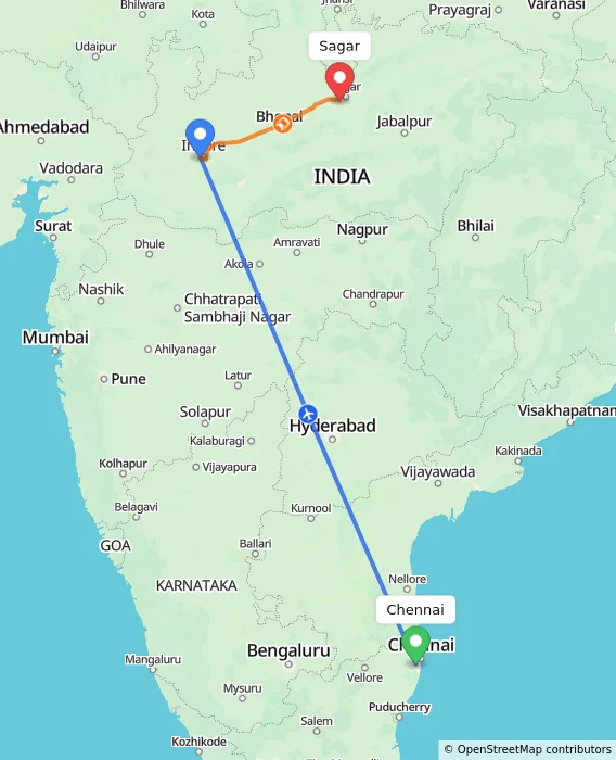 Route map showing distance and travel time from Chennai, India to Sagar, India