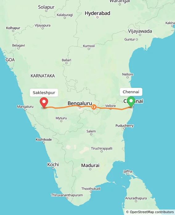 Route map showing distance and travel time from Chennai, India to Sakleshpur, India