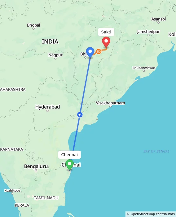 Route map showing distance and travel time from Chennai, India to Sakti, India