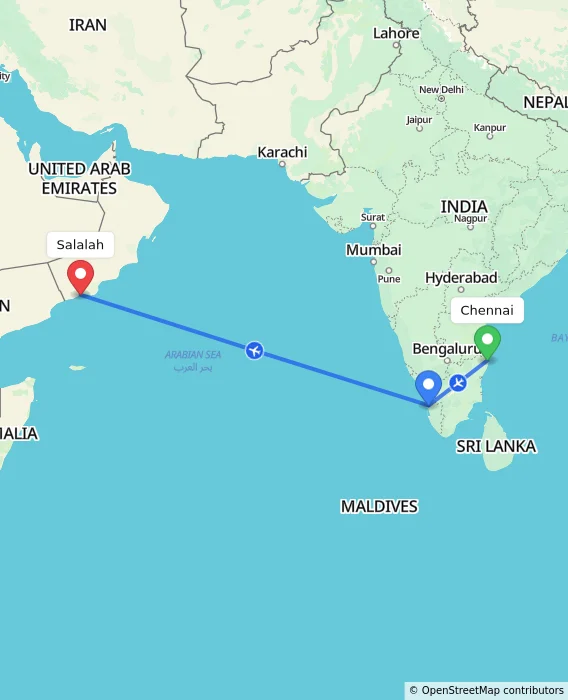 Route map showing distance and travel time from Chennai, India to Salalah, Oman