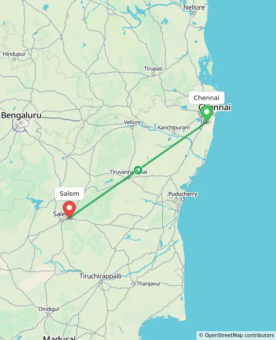 Route map showing distance and travel time from Chennai, India to Salem, India