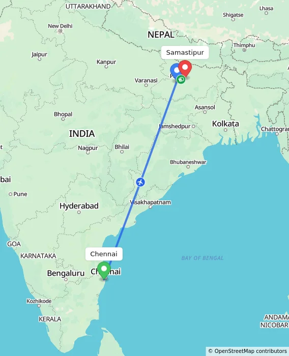 Route map showing distance and travel time from Chennai, India to Samastipur, India