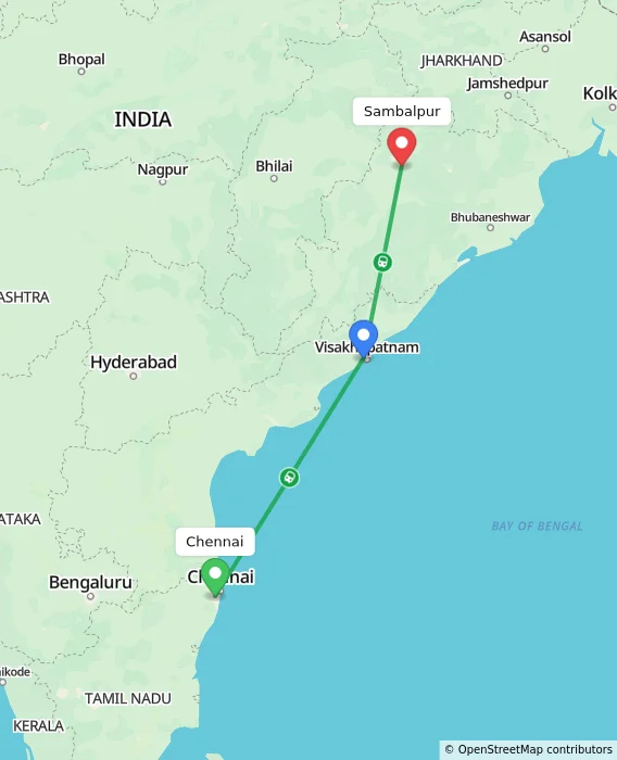 Route map showing distance and travel time from Chennai, India to Sambalpur, India