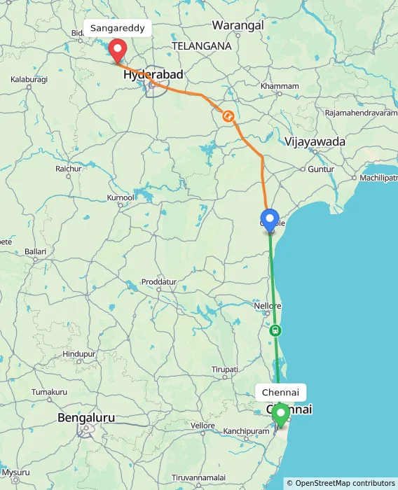 Route map showing distance and travel time from Chennai, India to Sangareddy, India