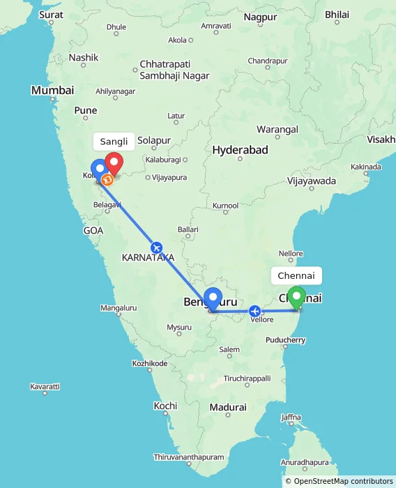 Route map showing distance and travel time from Chennai, India to Sangli, India