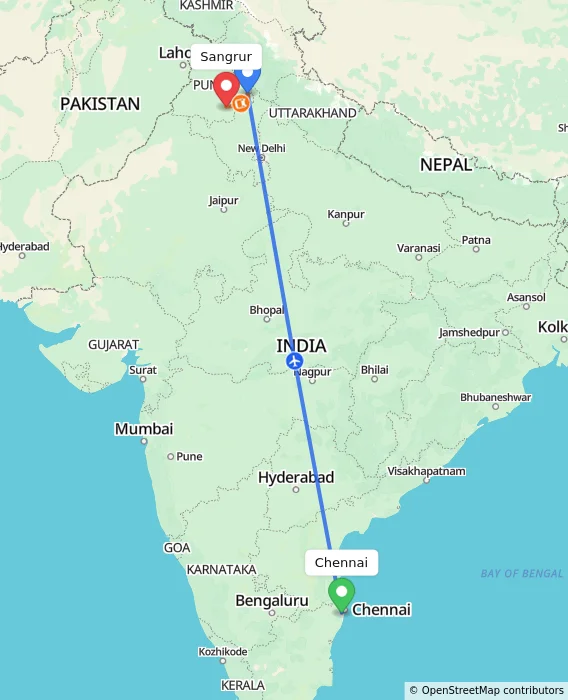 Route map showing distance and travel time from Chennai, India to Sangrur, India