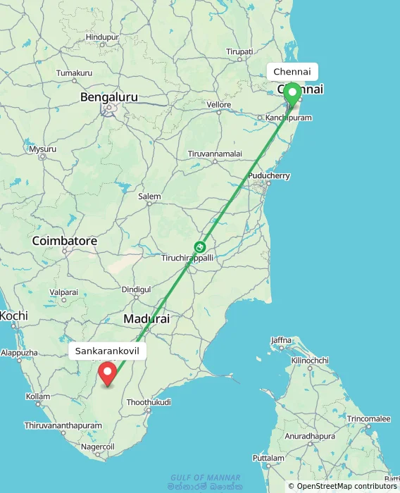 Route map showing distance and travel time from Chennai, India to Sankarankovil, India
