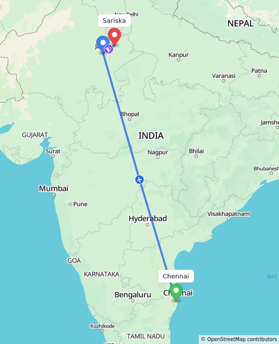 Route map showing distance and travel time from Chennai, India to Sariska, India