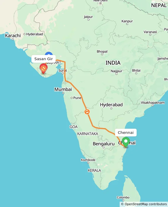 Route map showing distance and travel time from Chennai, India to Sasan Gir, India