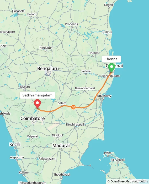 Route map showing distance and travel time from Chennai, India to Sathyamangalam, India