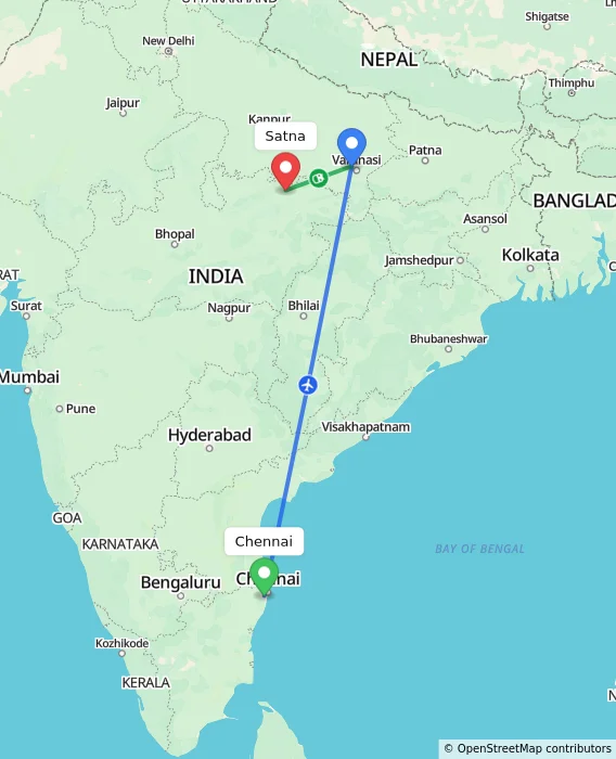 Route map showing distance and travel time from Chennai, India to Satna, India