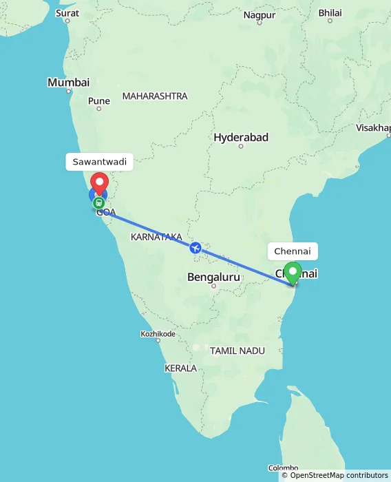 Route map showing distance and travel time from Chennai, India to Sawantwadi, India