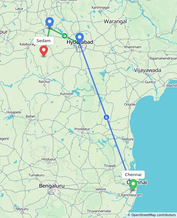 Route map showing distance and travel time from Chennai, India to Sedam, India