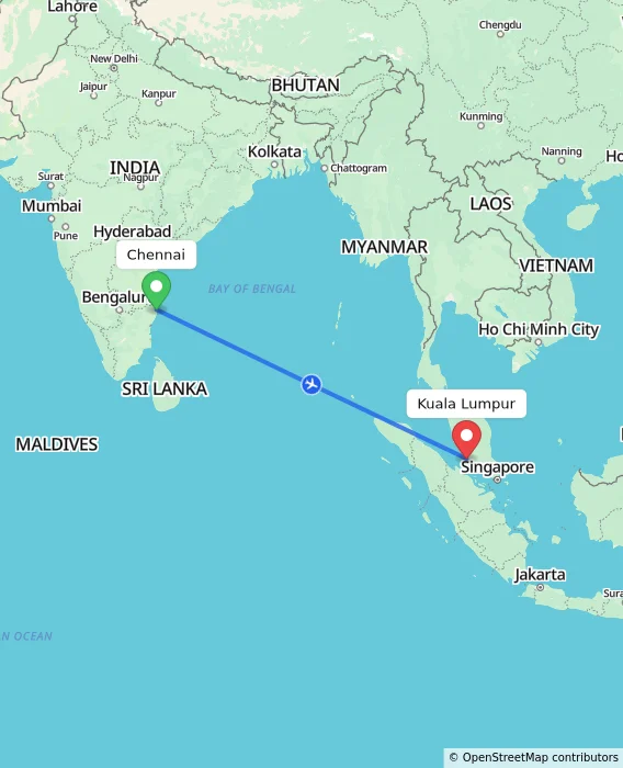 Route map showing distance and travel time from Chennai, India to Sepang, Malaysia