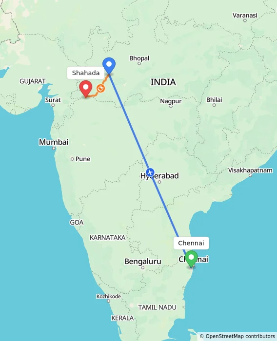Route map showing distance and travel time from Chennai, India to Shahada, India