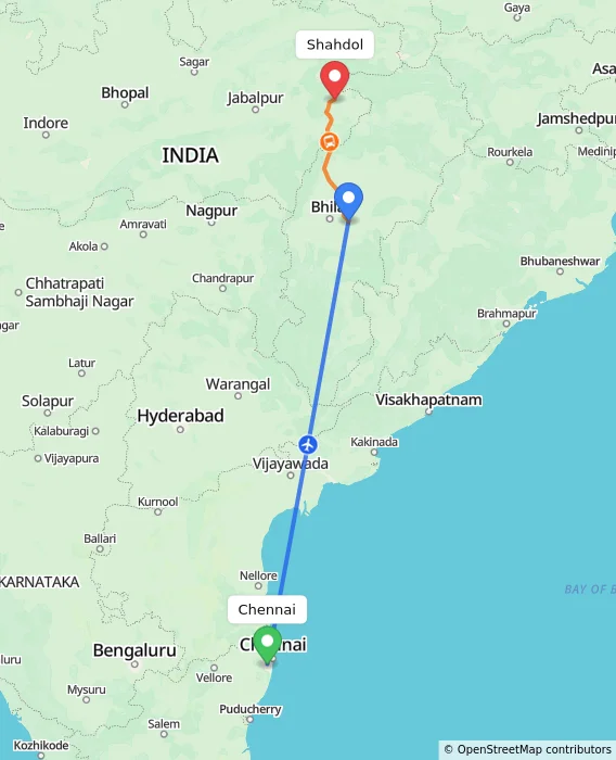 Route map showing distance and travel time from Chennai, India to Shahdol, India