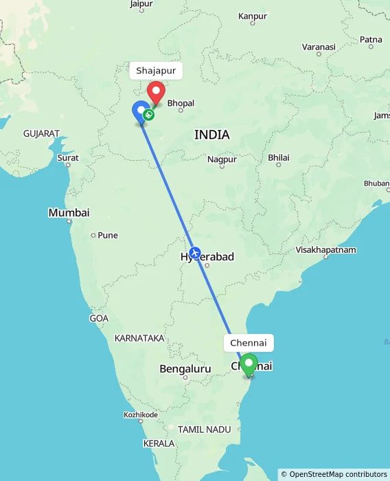 Route map showing distance and travel time from Chennai, India to Shajapur, India