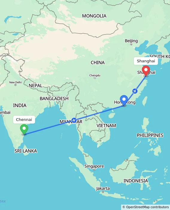 Route map showing distance and travel time from Chennai, India to Shanghai, China