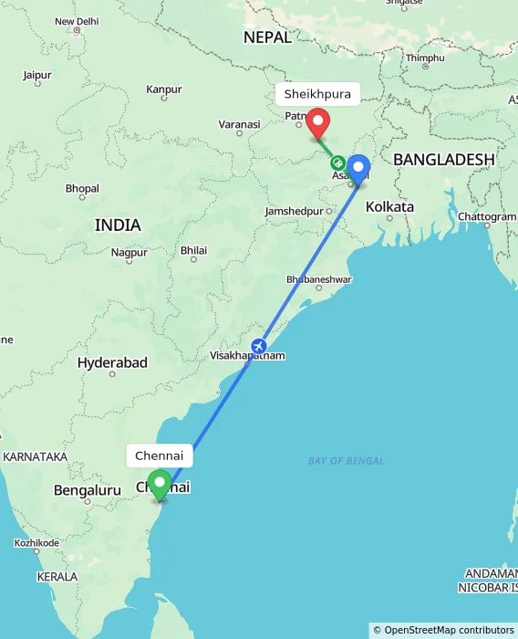 Route map showing distance and travel time from Chennai, India to Sheikhpura, India