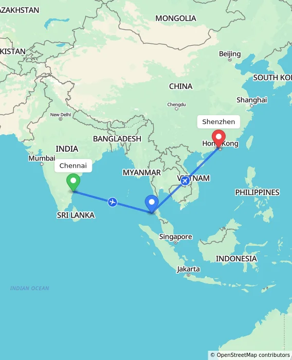 Route map showing distance and travel time from Chennai, India to Shenzhen, China