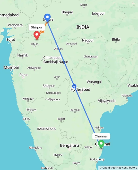 Route map showing distance and travel time from Chennai, India to Shirpur, India