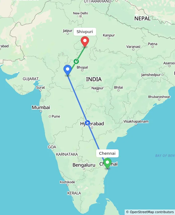 Route map showing distance and travel time from Chennai, India to Shivpuri, India