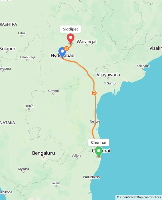 Route map showing distance and travel time from Chennai, India to Siddipet, India