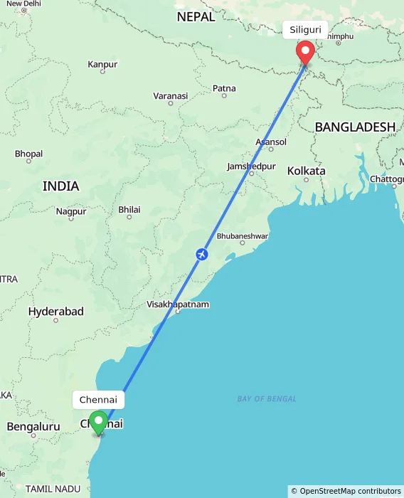 Route map showing distance and travel time from Chennai, India to Siliguri, India