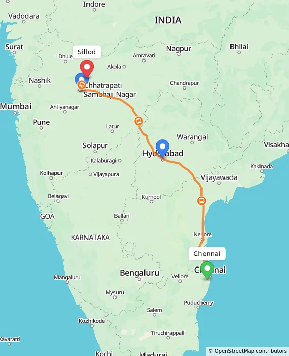 Route map showing distance and travel time from Chennai, India to Sillod, India