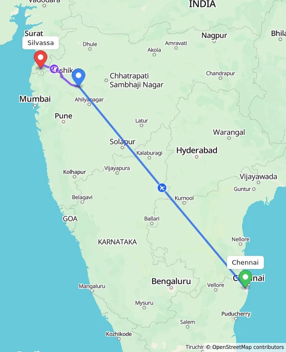 Route map showing distance and travel time from Chennai, India to Silvassa, India
