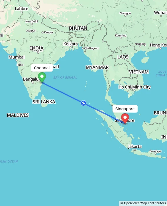 Route map showing distance and travel time from Chennai, India to Singapore, Singapore