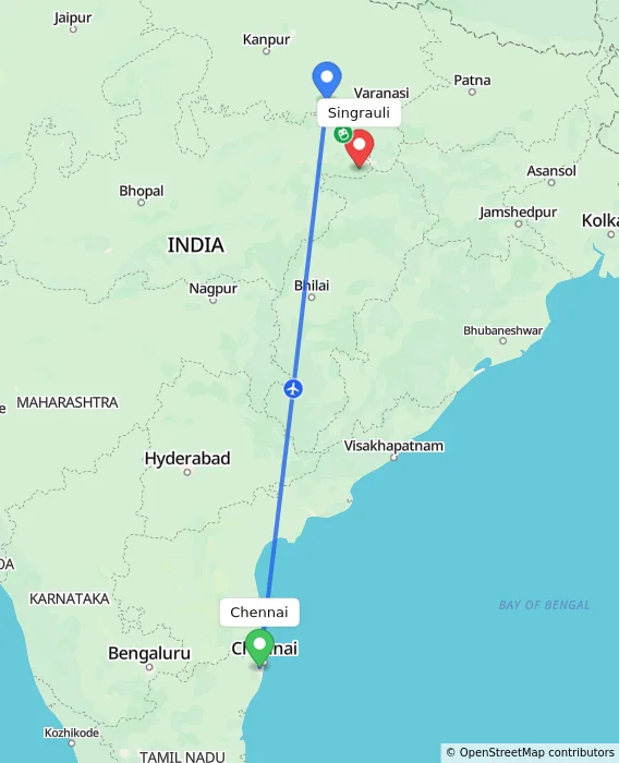Route map showing distance and travel time from Chennai, India to Singrauli, India