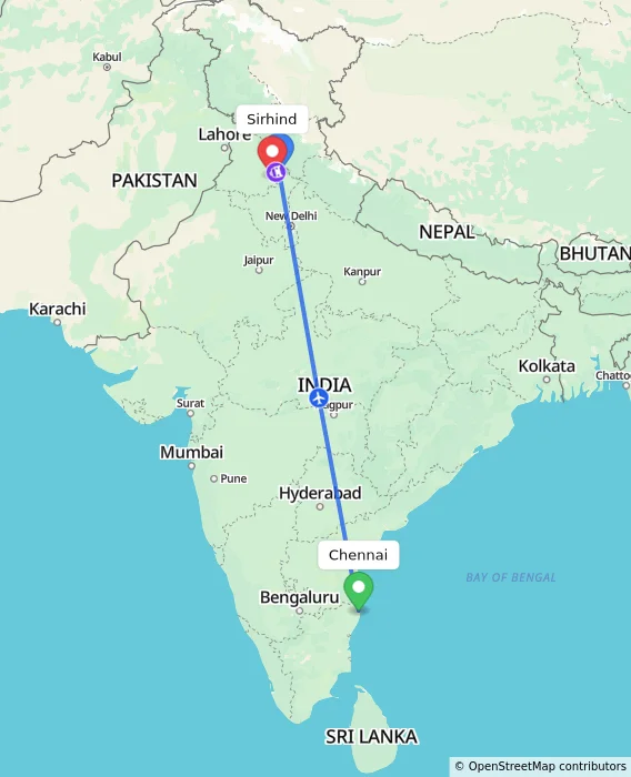 Route map showing distance and travel time from Chennai, India to Sirhind, India