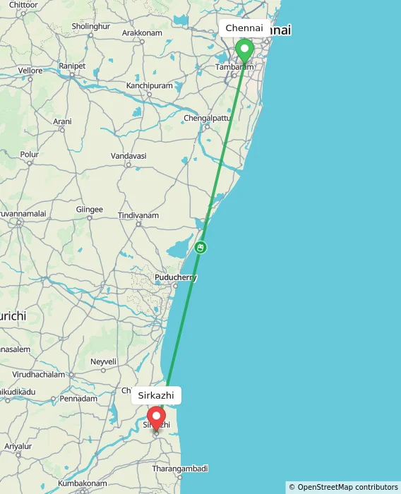Route map showing distance and travel time from Chennai, India to Sirkazhi, India