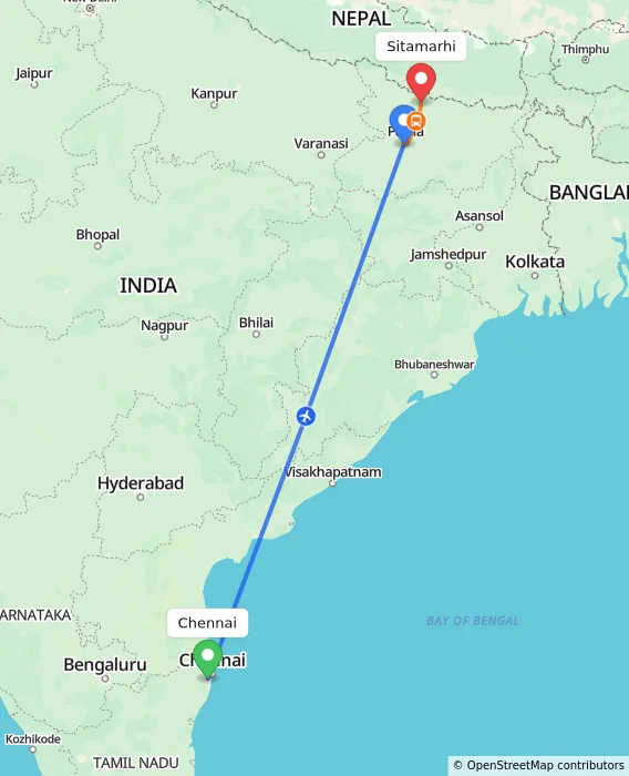 Route map showing distance and travel time from Chennai, India to Sitamarhi, India