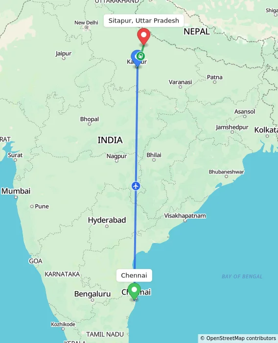 Route map showing distance and travel time from Chennai, India to Sitapur, Uttar Pradesh, India