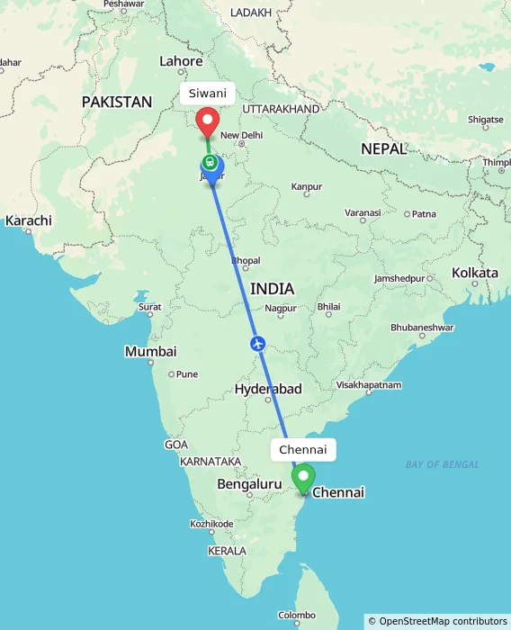 Route map showing distance and travel time from Chennai, India to Siwani, India