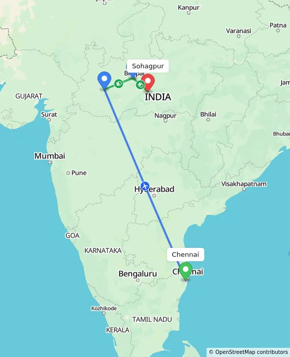 Route map showing distance and travel time from Chennai, India to Sohagpur, India