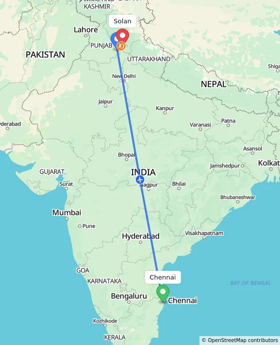 Route map showing distance and travel time from Chennai, India to Solan, India