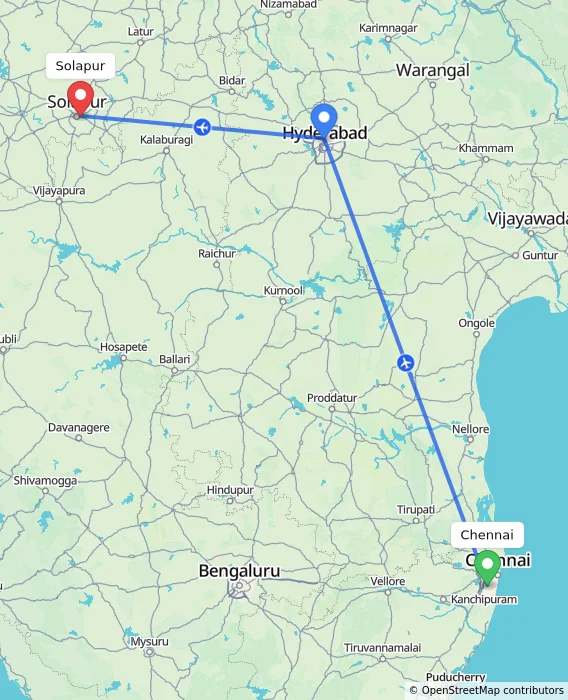 Route map showing distance and travel time from Chennai, India to Solapur, India