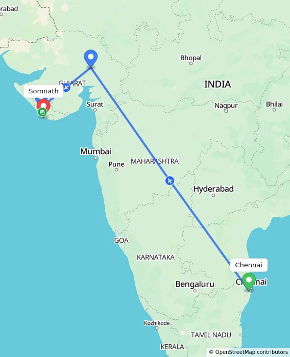 Route map showing distance and travel time from Chennai, India to Somnath, India