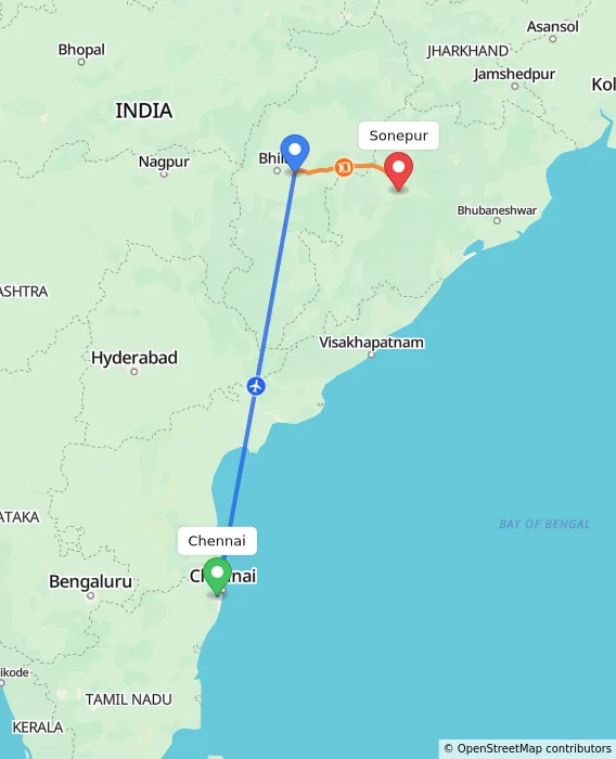 Route map showing distance and travel time from Chennai, India to Sonepur, India